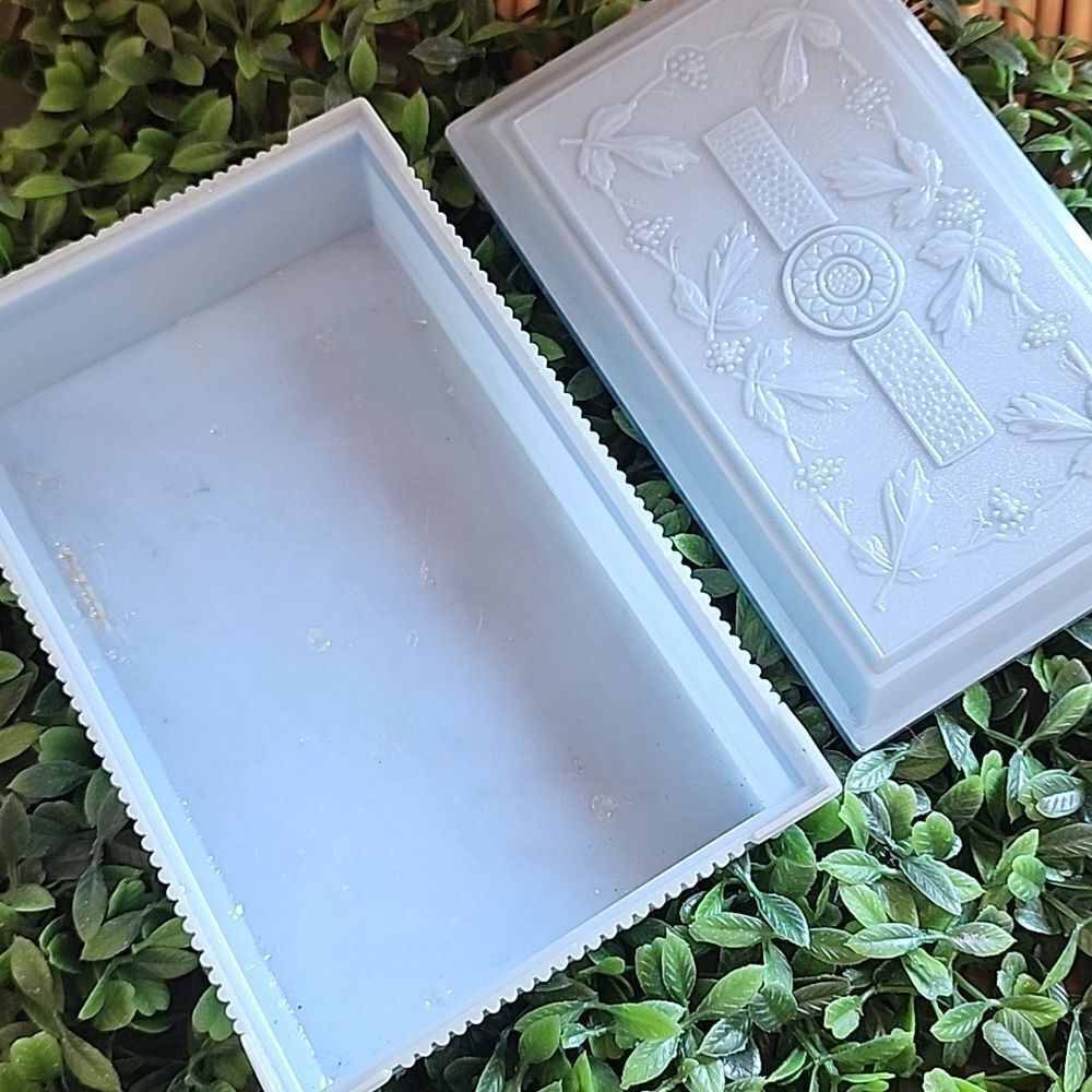 Vintage Rectangular Celluloid Lidded Vanity Table Box In Light Blue Coquette